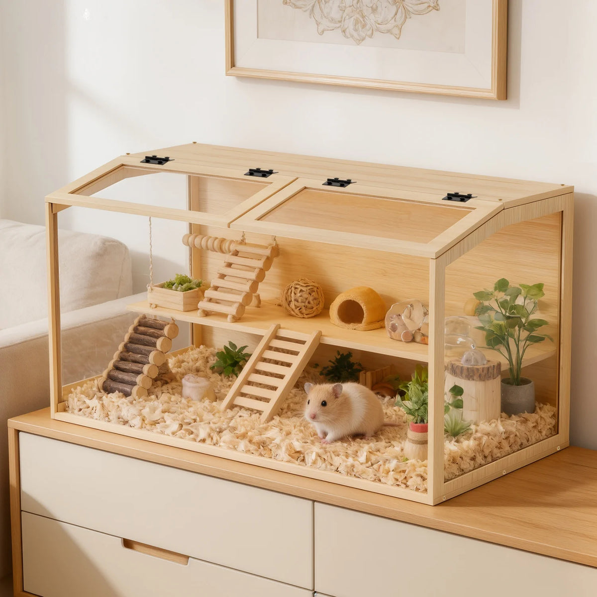 Wooden Hamster Cage LED Lights Tempered Glass Small Pet Habitat