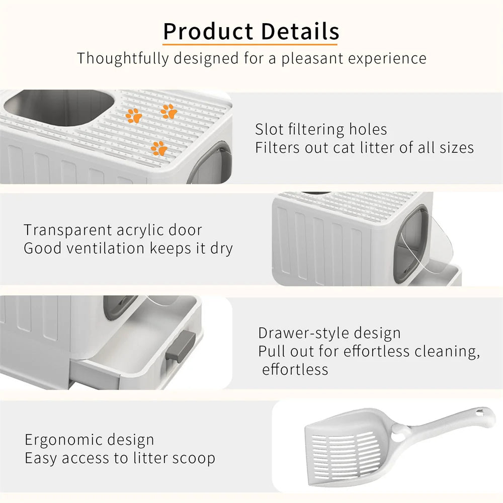 Enclosed Cat Litter Box With Drawer Scoop For Easy Cleaning