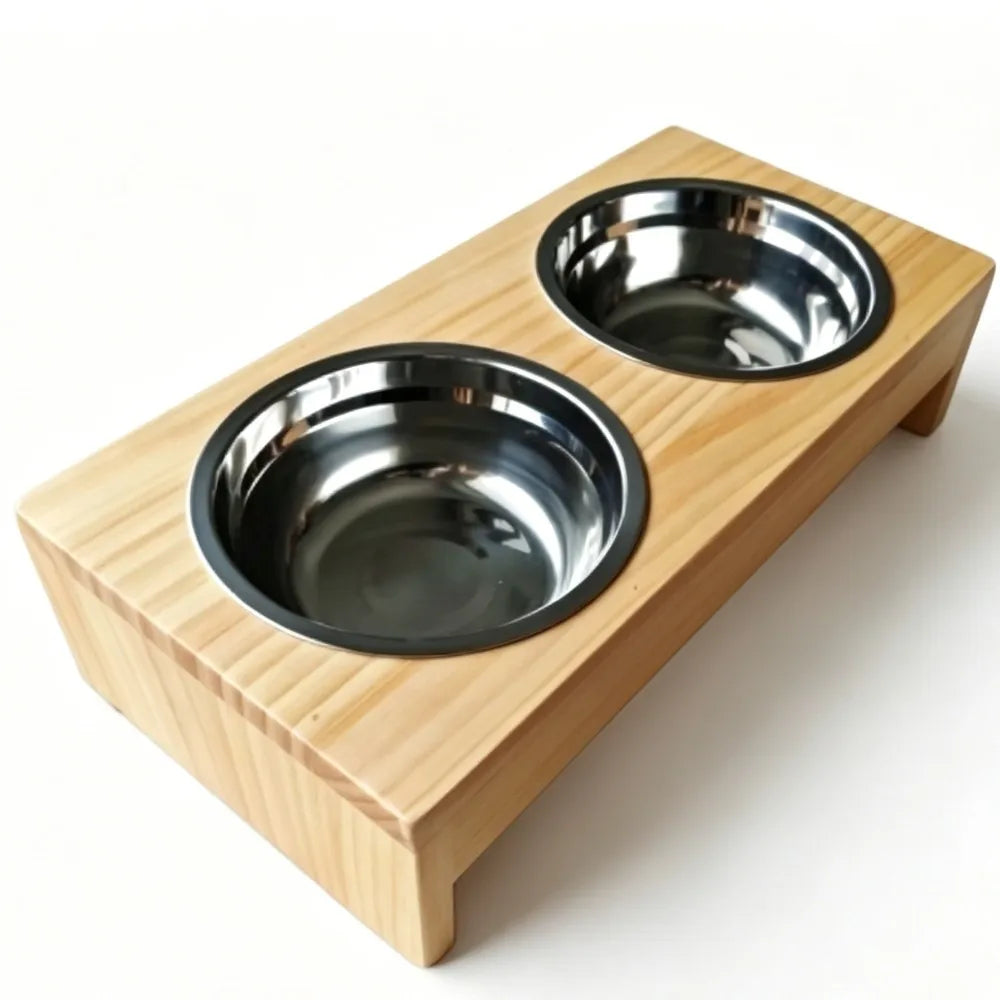 Elevated Wooden Dog Feeder With Stainless Steel Double Bowls