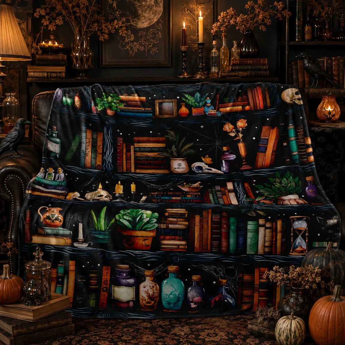 Halloween Book Lover Witch Bookshelf Fleece Throw Blanket Home Decor