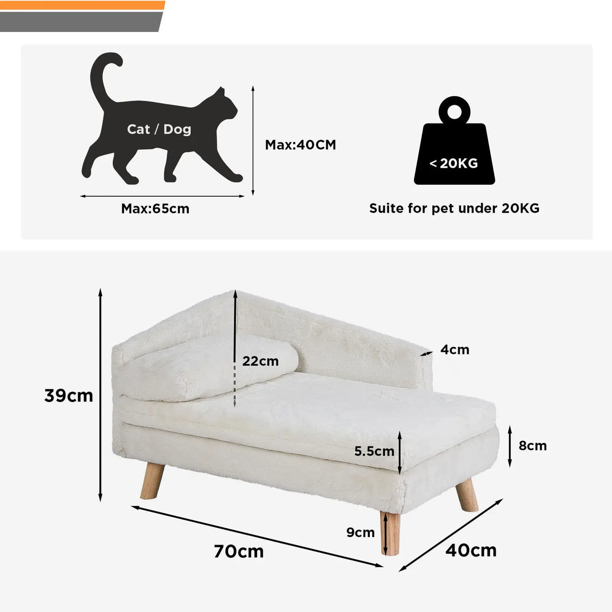 Elevated Solid Wood Leg Pet Sofa Bed With Plush Cushion