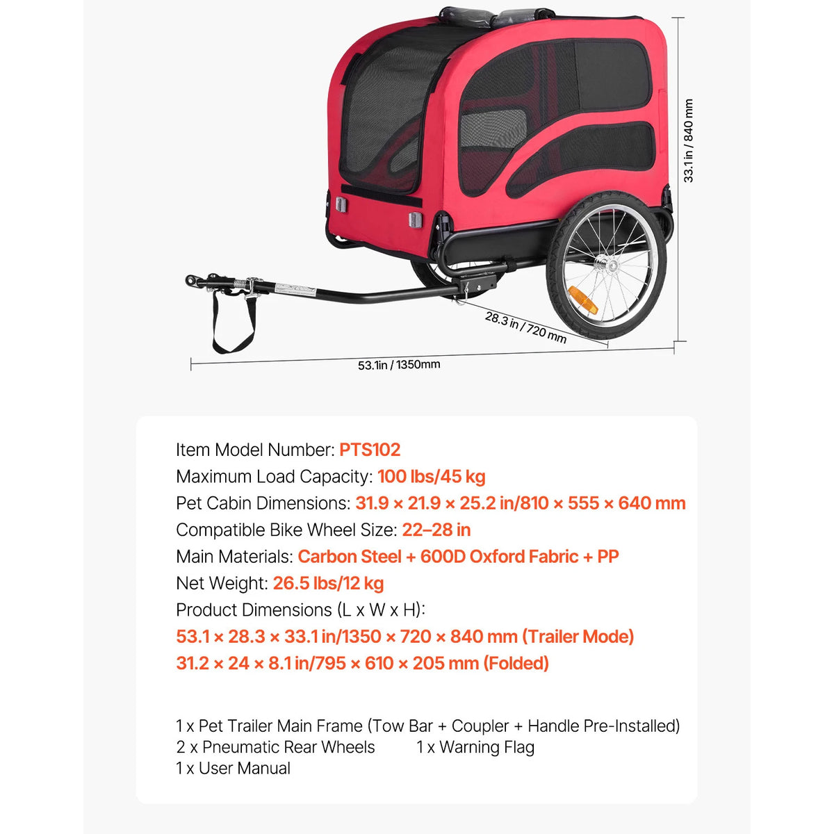 SucceBuy Dog Bike Trailer Supports up to 100 lbs Pet Cart Bicycle Carrier for Small & Large Dogs Easy Folding Frame with Wheel