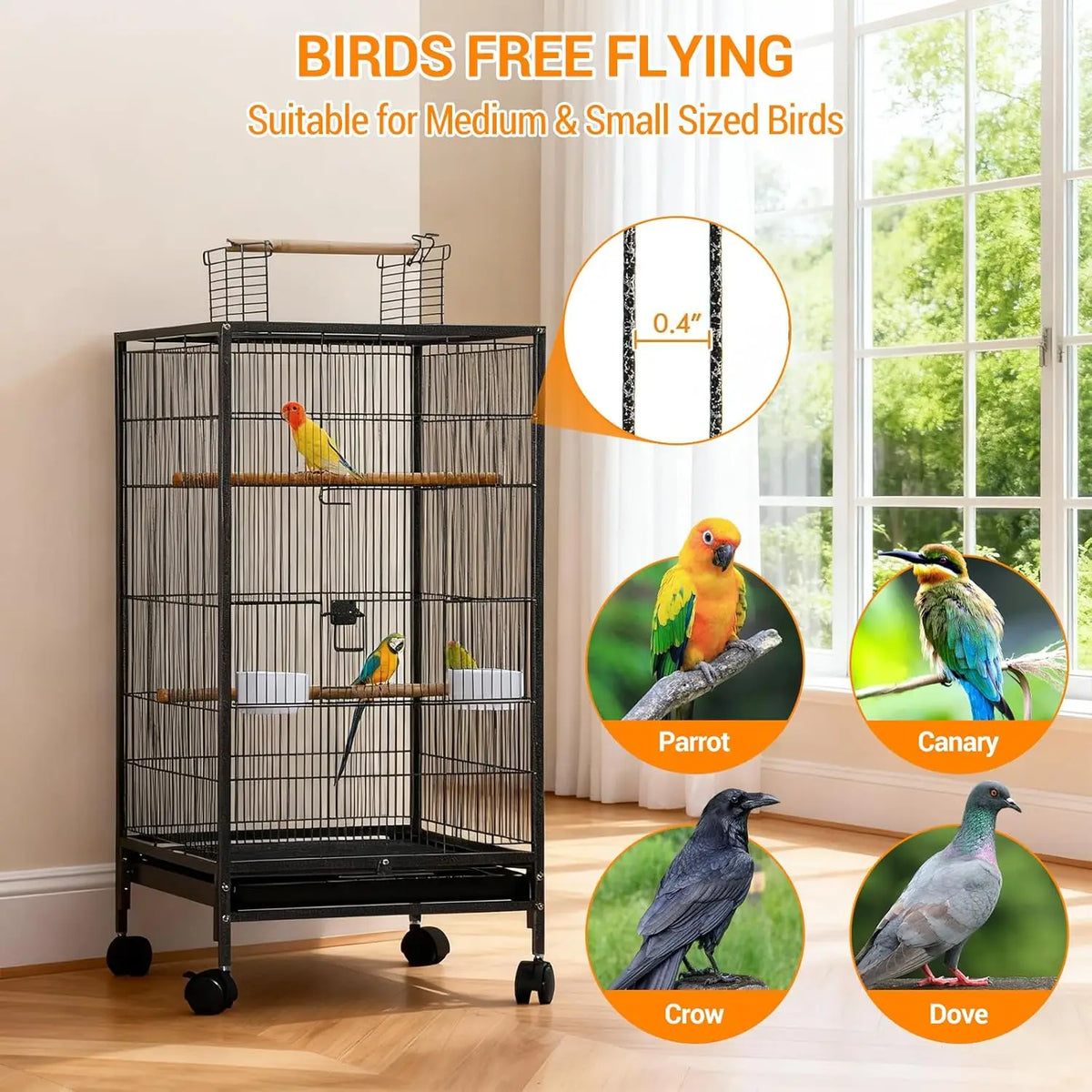 HiMISS Open Top Bird Cage With Rolling Stand And Tray