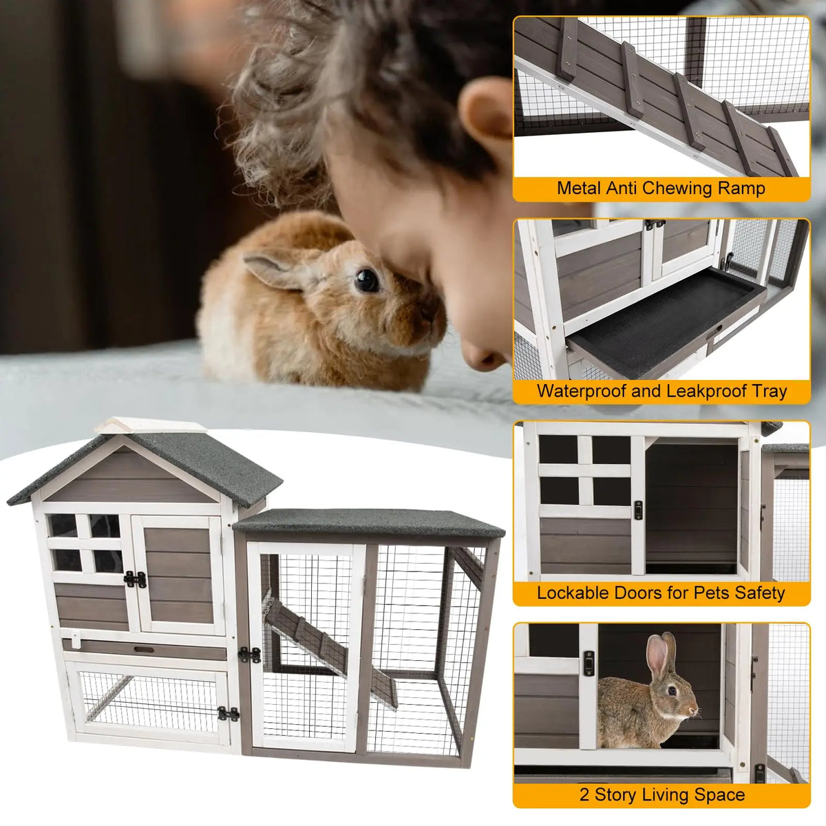 Two Story Wooden Rabbit Hutch With Pull Out Tray Indoors