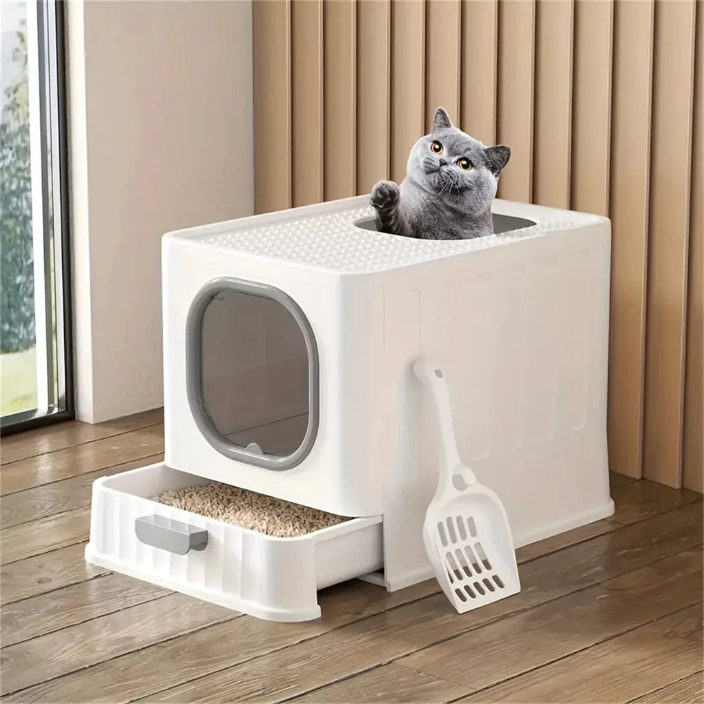 Enclosed Cat Litter Box With Pull Out Drawer And Scoop