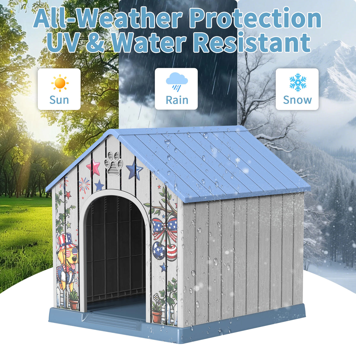 Weatherproof Outdoor Plastic Dog House With Printed Pattern Door