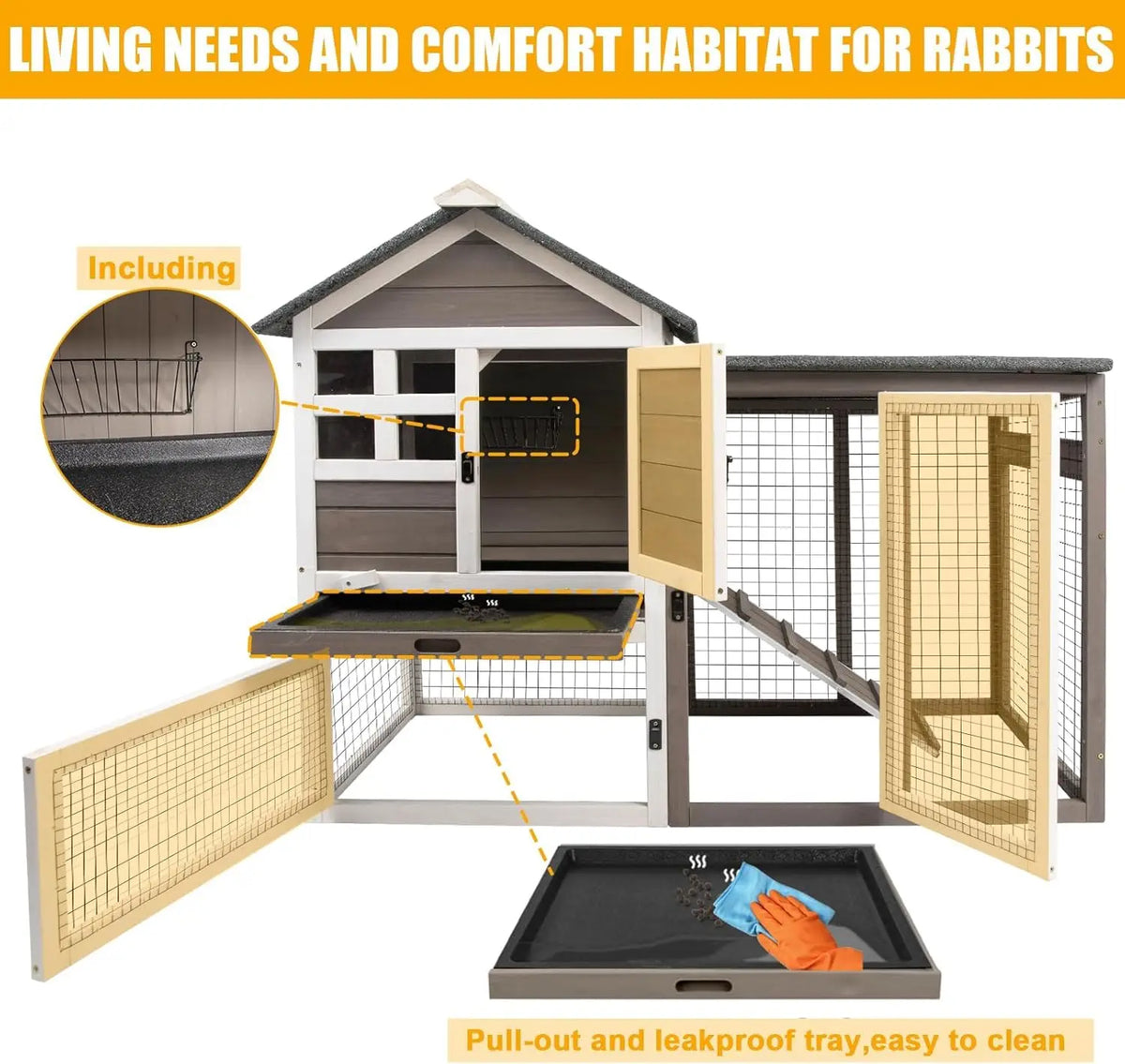 Large Rabbit Hutch Outdoor Indoor with Pull Out Tray Wooden Bunny Hutch, Guinea Pig Cage Chicken Coop with Run, Removable Tray, Asphalt Roof, Lockable Doors and Ramp