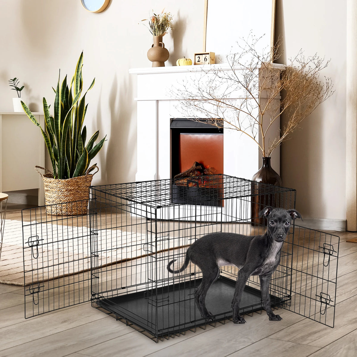 JHK Double Door Metal Wire Dog Kennel With Leakproof Tray