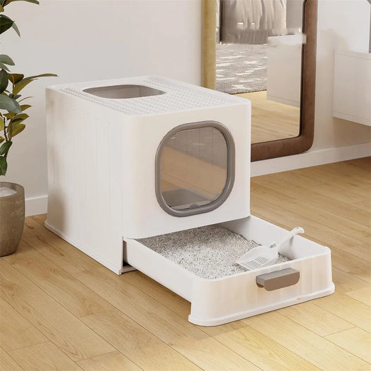 Enclosed Cat Litter Box With Drawer Scoop For Easy Cleaning