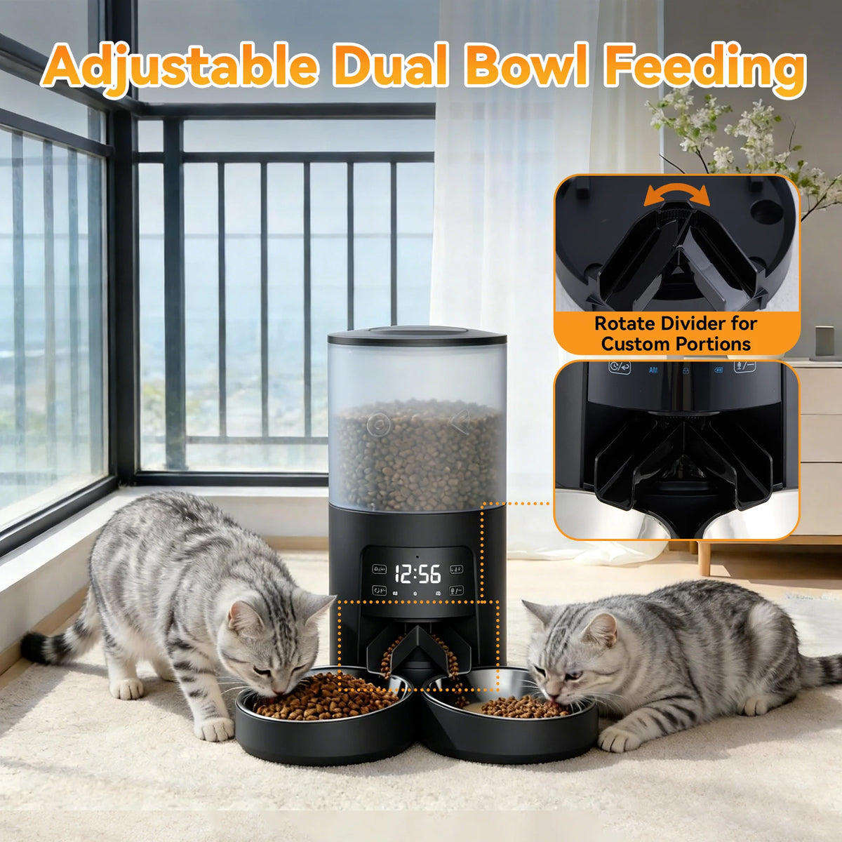 JHK Automatic Cat Feeder With Dual Stainless Bowls And Timer