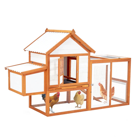 Outdoor Chicken Coop Wooden Hen House with Run, Poultry Cage w/Ramps, Nesting Box, 4 Access Areas, Wire Fence, Removable Bottom for Easy Cleaning