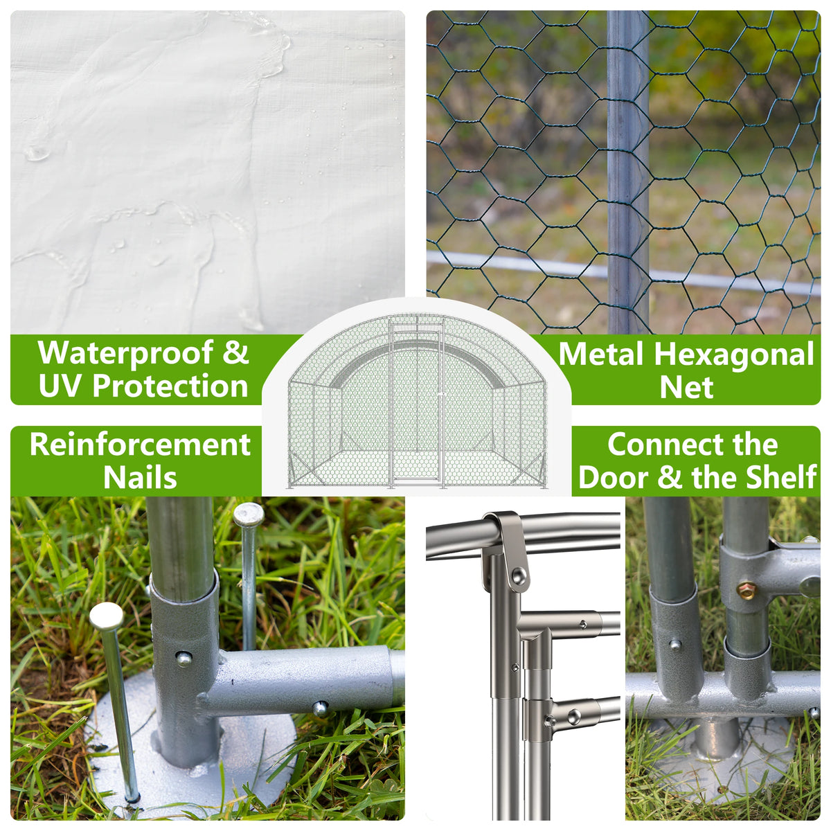 9.84x19.68x6.56 FT Dome Galvanized Steel Chicken Coop Run Large UV Waterproof Cover Walk In Poultry Pen For Chickens Ducks Rabbits Backyard Outdoor