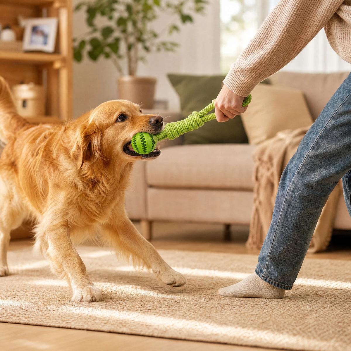 Interactive Rubber Dog Treat Dispensing Ball And Rope Chew Toy