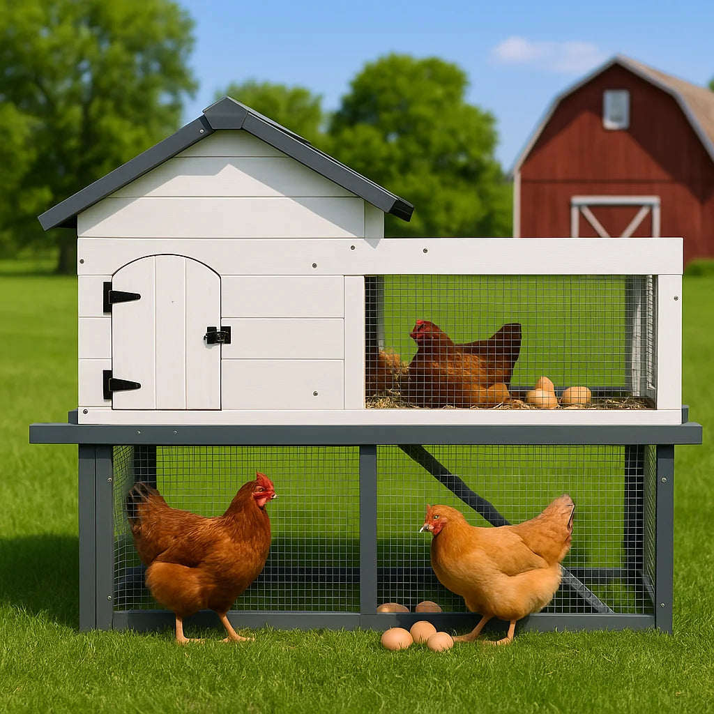 Chicken Coop with Run Elevated Solid Wood Hen House Outdoor Waterproof Metal Frame Raised Chicken Cage Pull Out Cleaning Tray Backyard Rabbit Hutch for Small Poultry