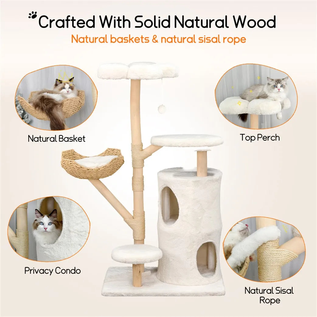BORWART Wooden Cat Tree Tower With Scratching Post And Condo House