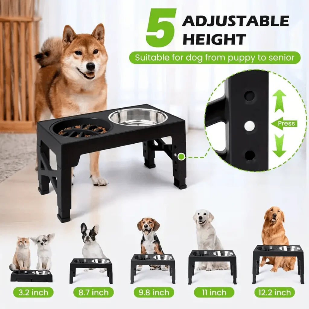 Adjustable Height Elevated Dog Bowl Stand With Stainless Steel Bowls