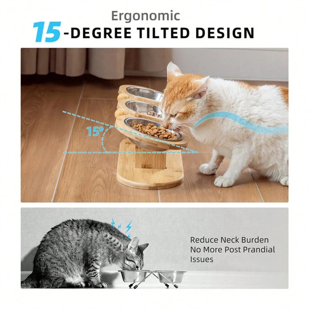 Elevated Cat Feeder With Three Stainless Bowls Tilted Wood Stand