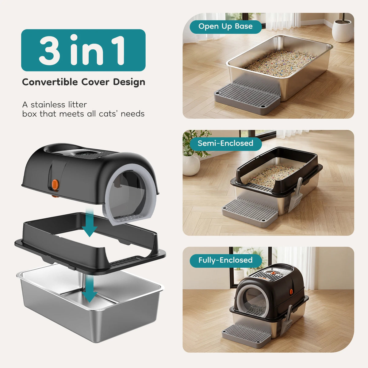 Premium Stainless Steel Fully Enclosed Cat Litter Box With Scoop