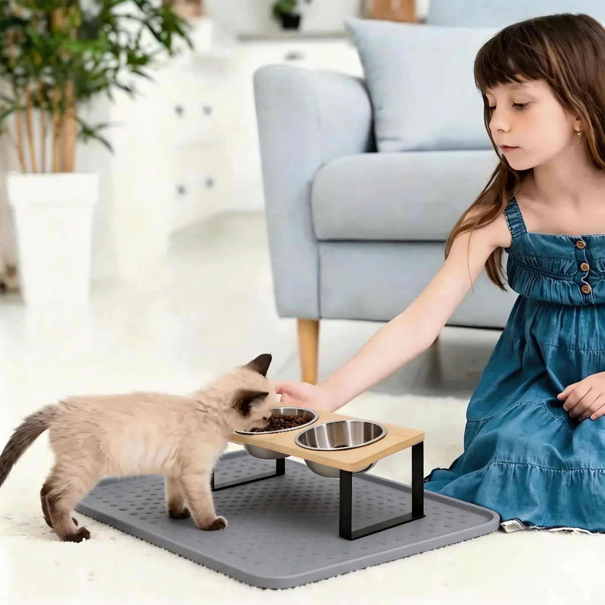 Stainless Steel Elevated Cat Food Bowl With Wooden Stand