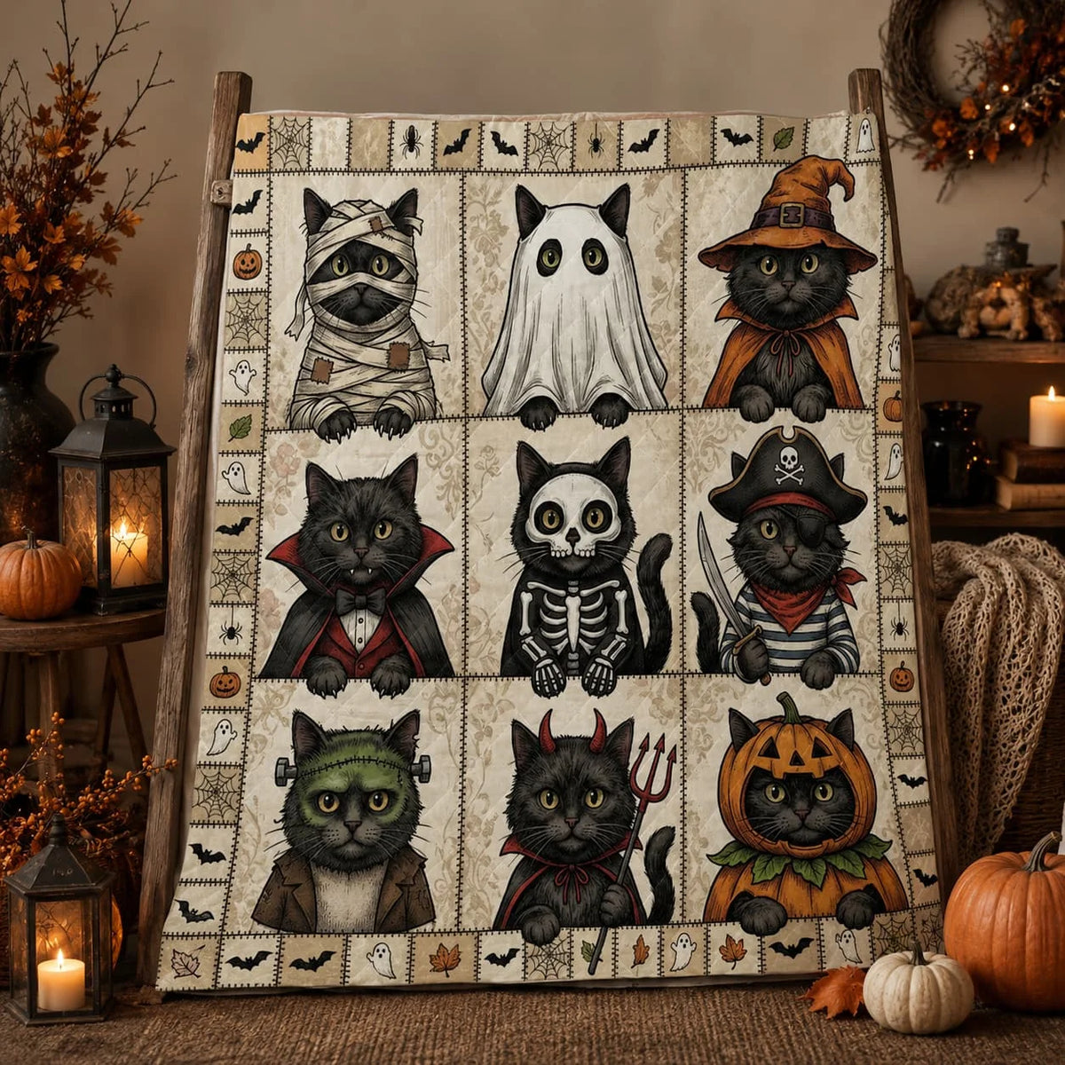 Premium Polyester Black Cat Halloween Quilt Blanket