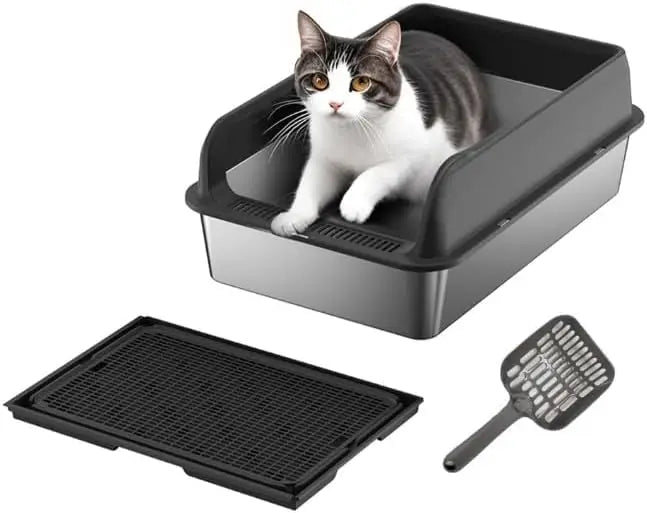 Garvee Stainless Steel Cat Litter Box Leak-proof Semi-enclosed Splash-proof Covered Cat Toilet with Removable Lid for Large Cats for Home High Sided, Top Entry, Anti-Tracking, Step Plate,