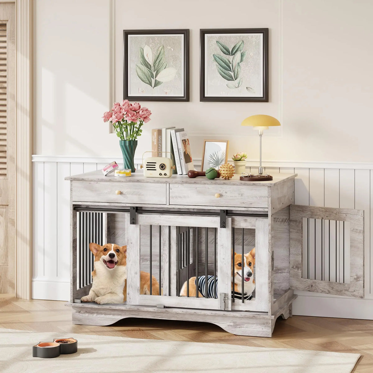 Premium Wooden Dog Crate Furniture With Dual Storage Drawers