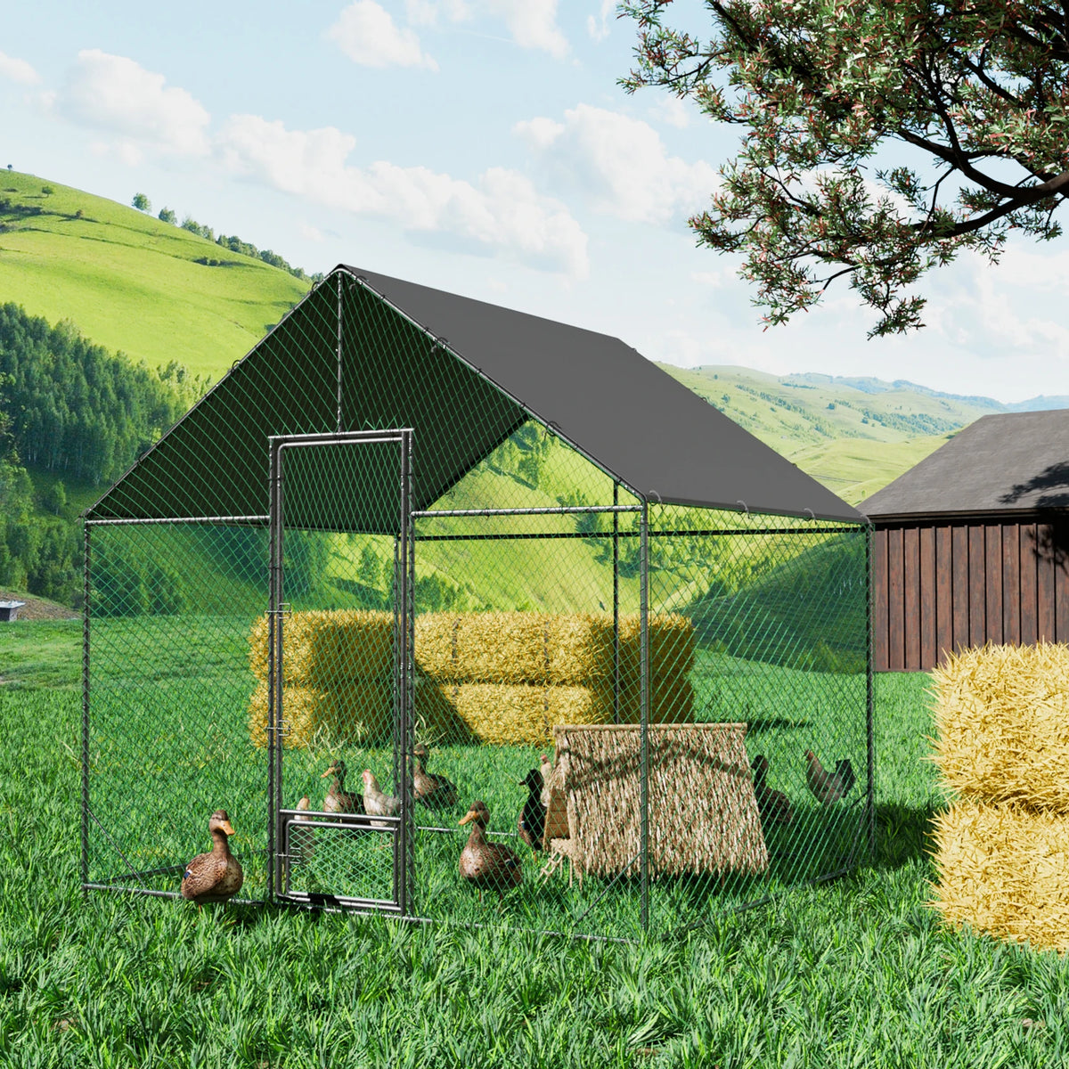 L XL XXL Upgraded Heavy Duty Metal Chicken Coop W/ Cover and Nylon Netting Pet Animal Poultry Run Hen House for Outdoor Backyard