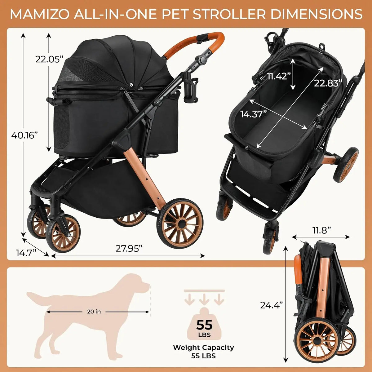 Foldable Pet Stroller With Shock Absorbers And Sun Shade