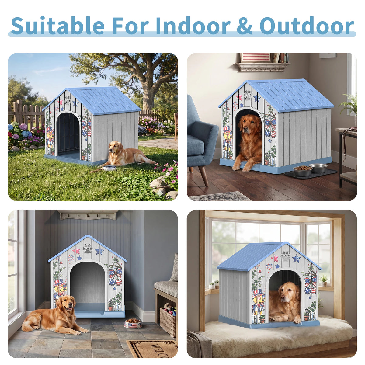 Weatherproof Outdoor Plastic Dog House With Printed Pattern Door