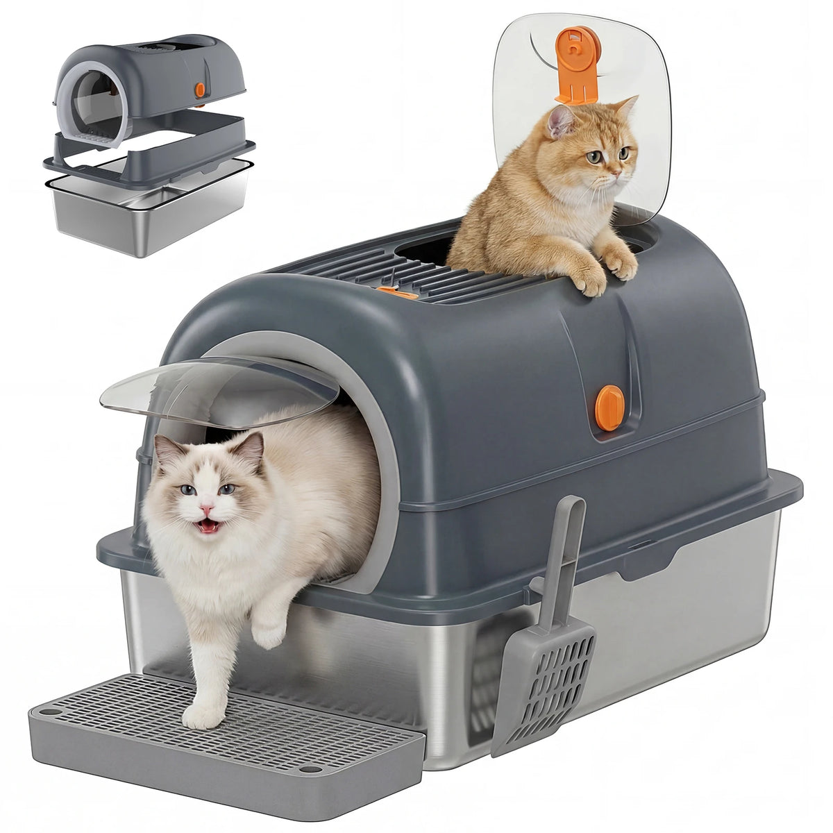 Premium Stainless Steel Fully Enclosed Cat Litter Box With Scoop
