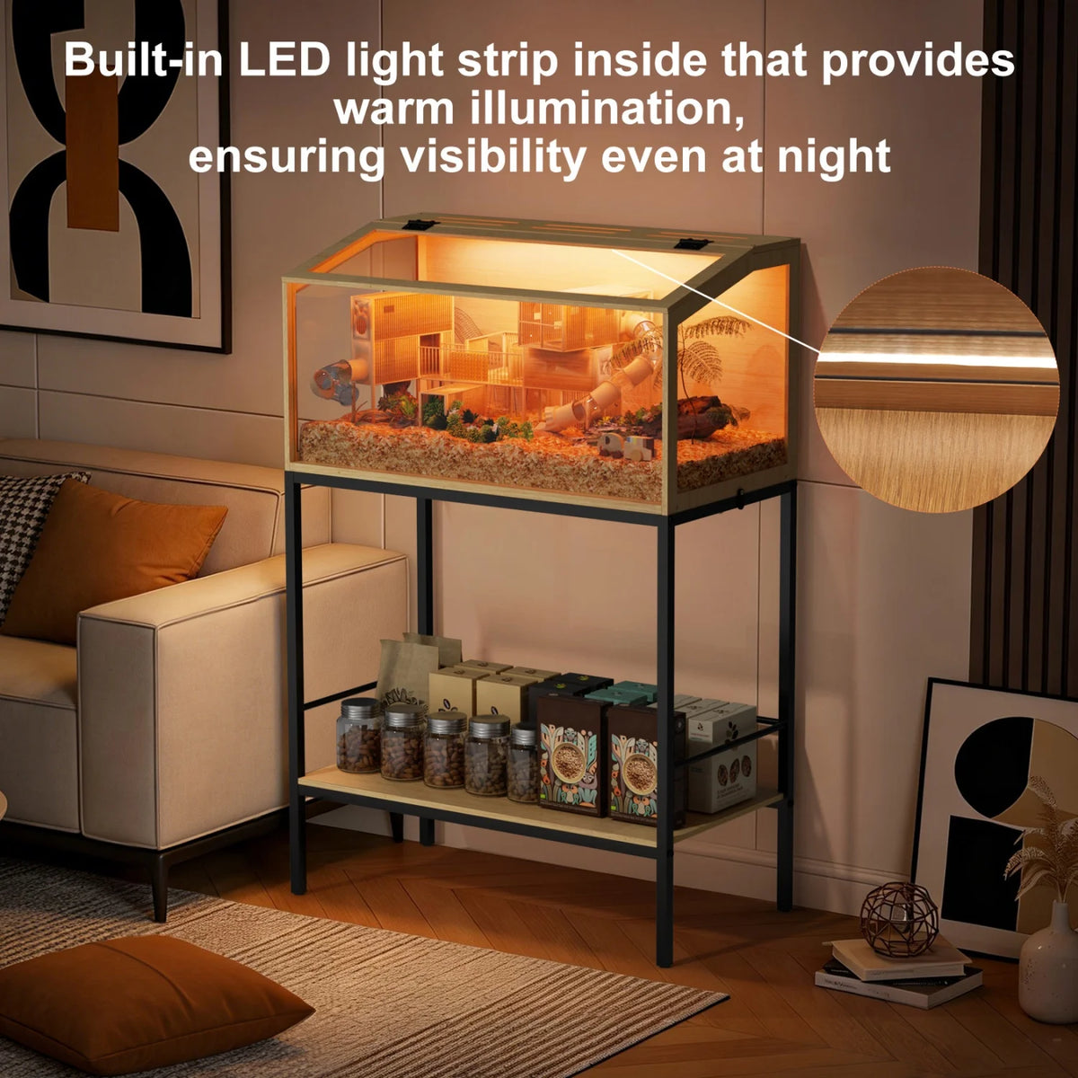 Wooden Hamster Cage LED Lights Tempered Glass Small Pet Habitat