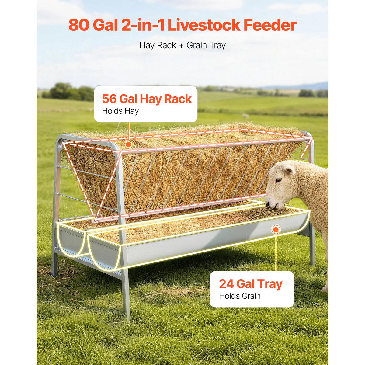 SucceBuy Galvanized Steel Livestock Hay And Grain Feeding Station