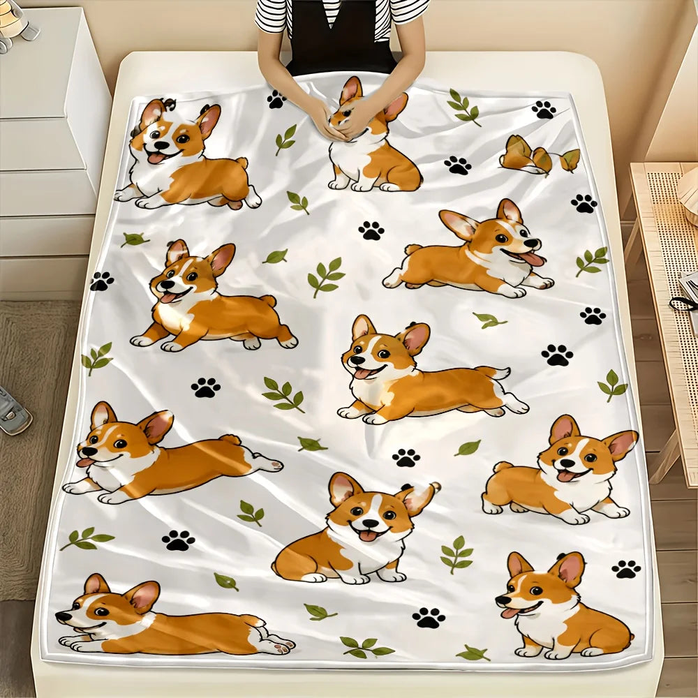 Cartoon Corgi Printed Flannel Throw Blanket Ultra Soft Cozy
