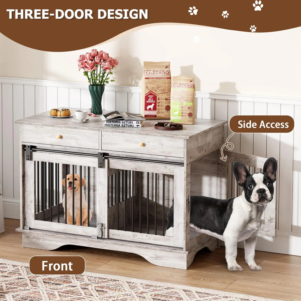 Premium Wooden Dog Crate Furniture With Dual Storage Drawers