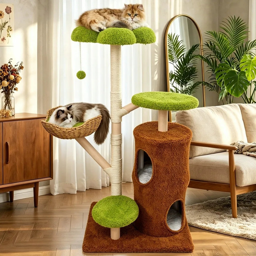 BORWART Wooden Cat Tree Tower With Scratching Post And Condo House