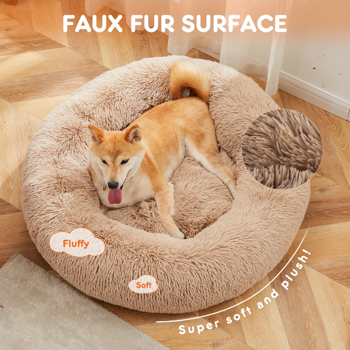 JHK Round Faux Fur Calming Dog Bed Promotes Relaxation