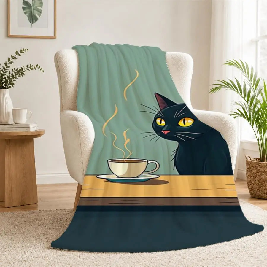 Cozy Black Cat Coffee Flannel Throw Blanket For Everyday Use