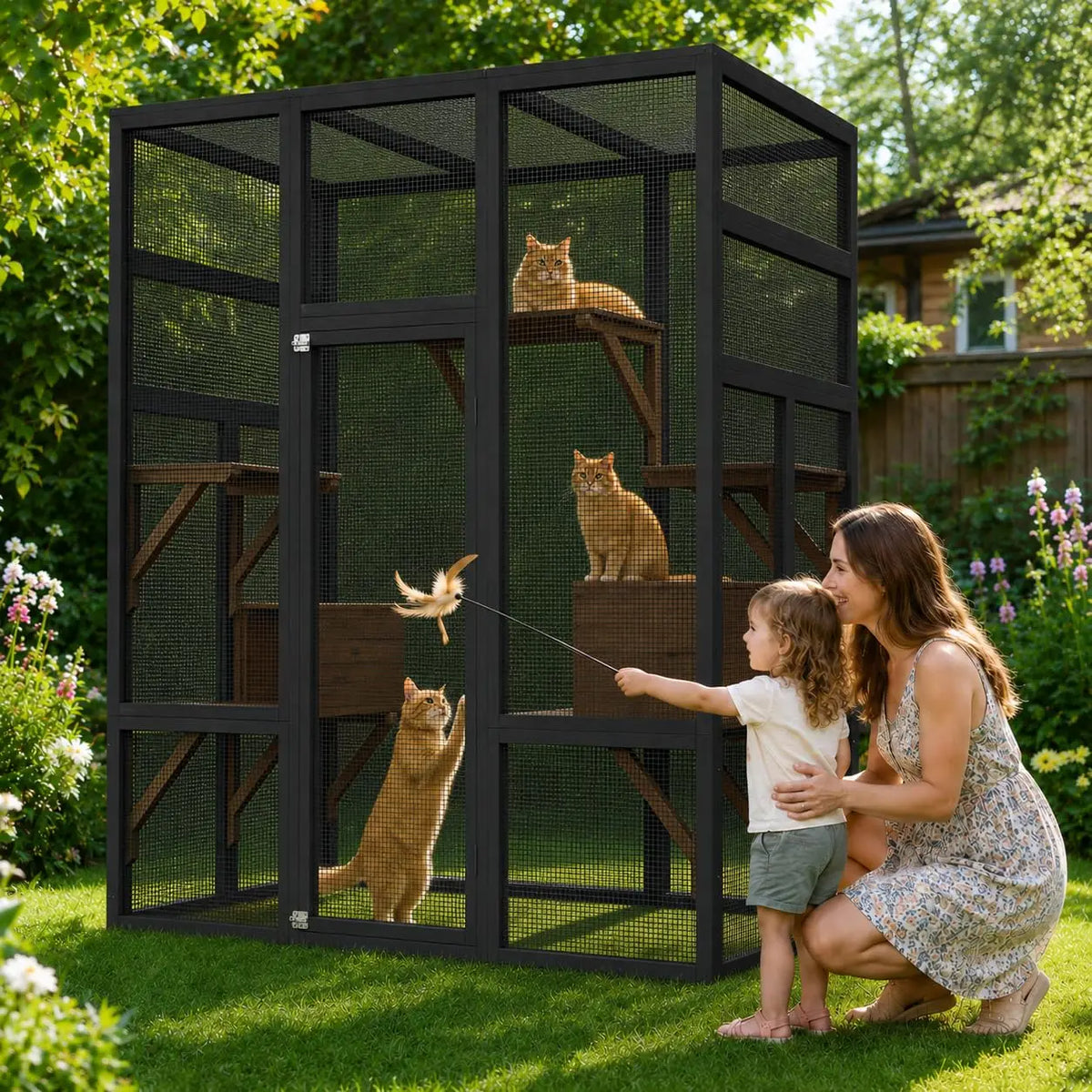 HiMISS Outdoor Wooden Cat Catio Enclosure With UV Protected Roof