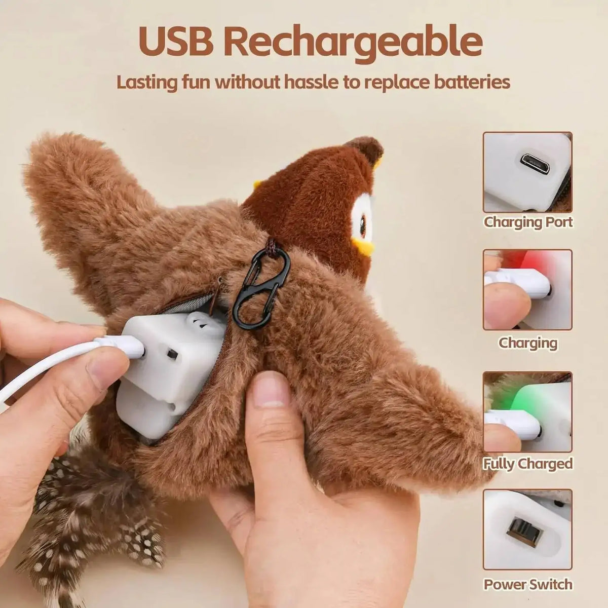Interactive Rechargeable Chirping Flapping Bird Cat Toy With Touch Activation