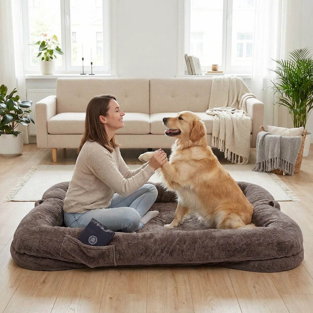 TopinCN Portable Plush Dog Bed With Washable Blanket