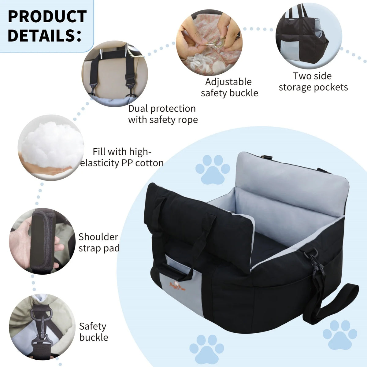 BINGOPAW Washable Dog Car Seat Booster With Safety Belt