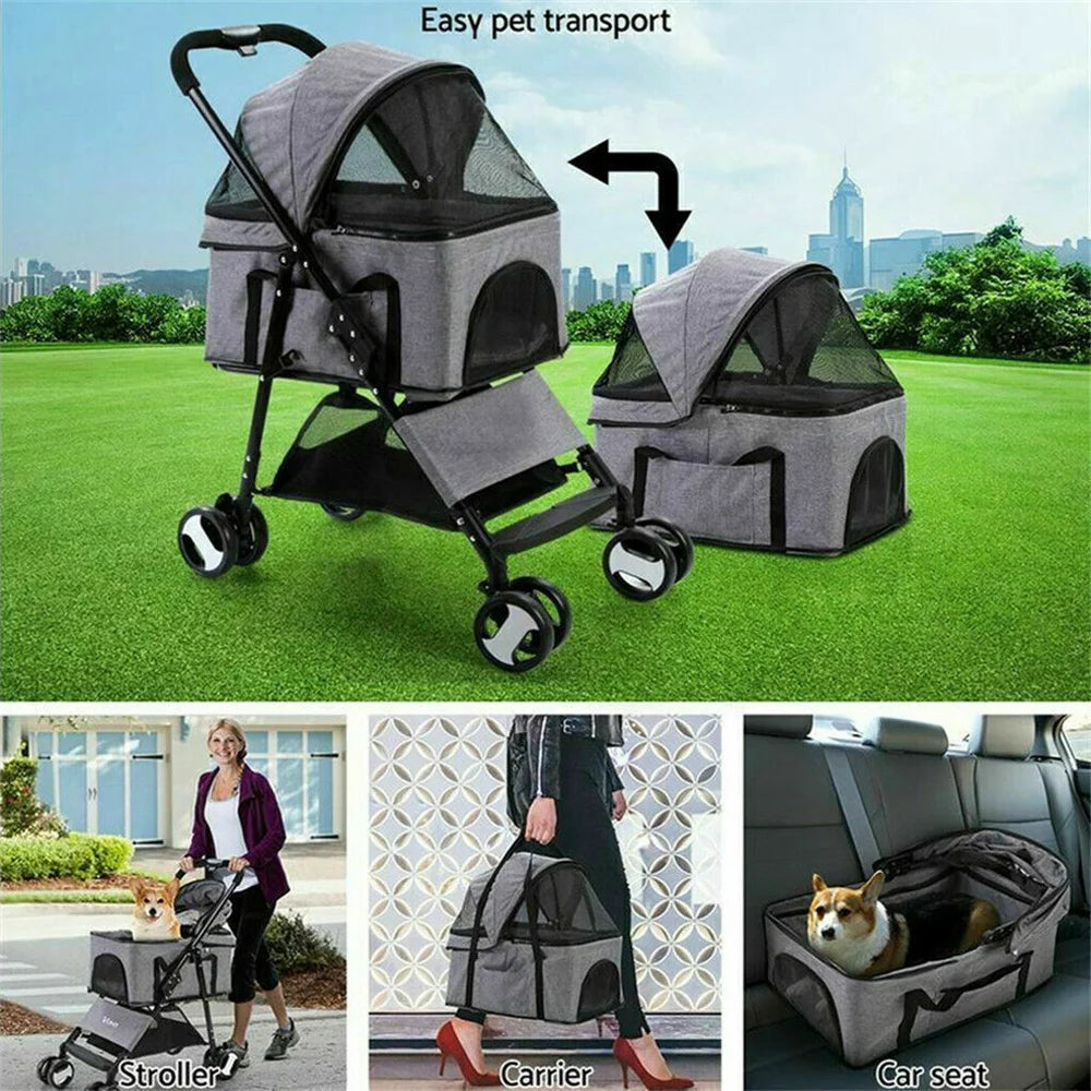Foldable Four Wheel Pet Stroller With Rain Cover And Storage Basket