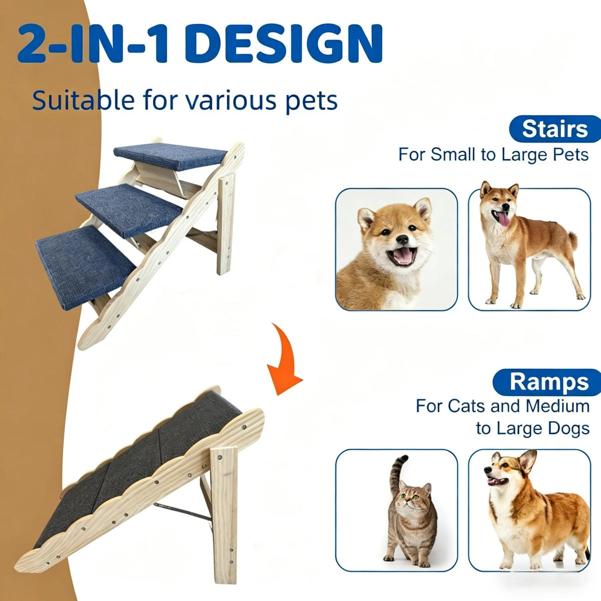 HImiss Non Slip Wooden Dog Stairs And Foldable Pet Ramp