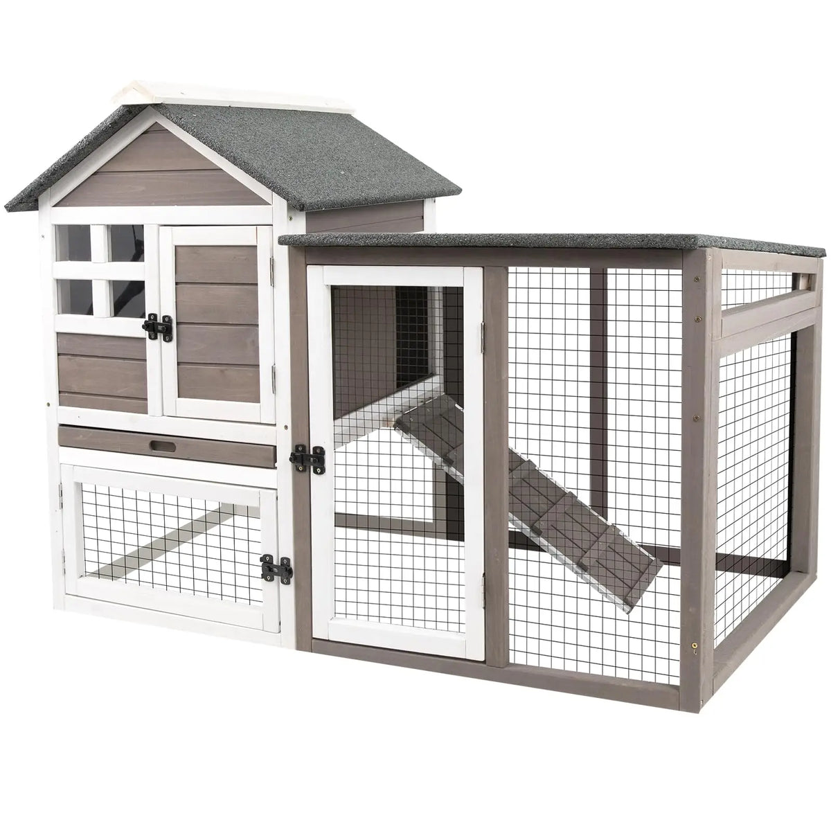 Two Story Wooden Rabbit Hutch With Pull Out Tray Indoors