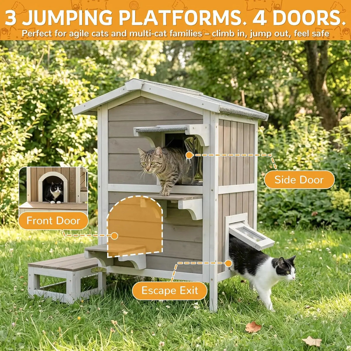 Weatherproof Wooden Outdoor Cat House for Feral Cats with Insulated Lining, Multiple Cat Shelter with Open Roof, 4 Escape Doors and Balcony Feeding Station