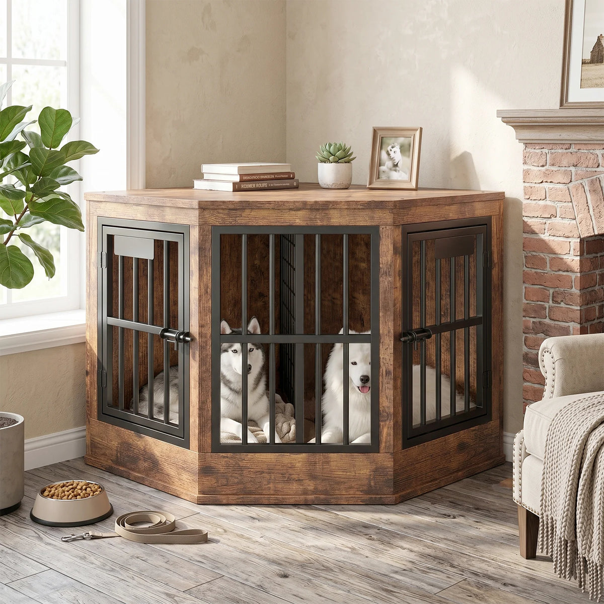 Modern Wooden Corner Dog Crate With Wood Top Media Console