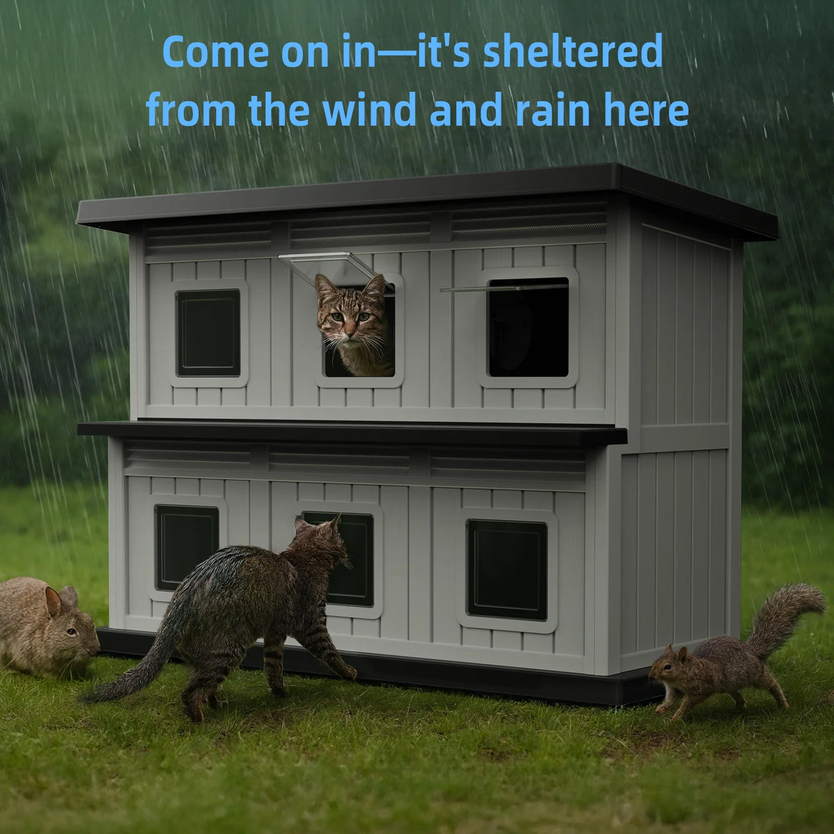 Two Level Weatherproof Resin Cat Shelter for Indoor Outdoor Use
