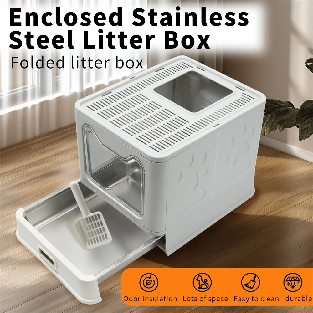 Enclosed Stainless Steel Cat Litter Box With Scoop Easy Cleaning