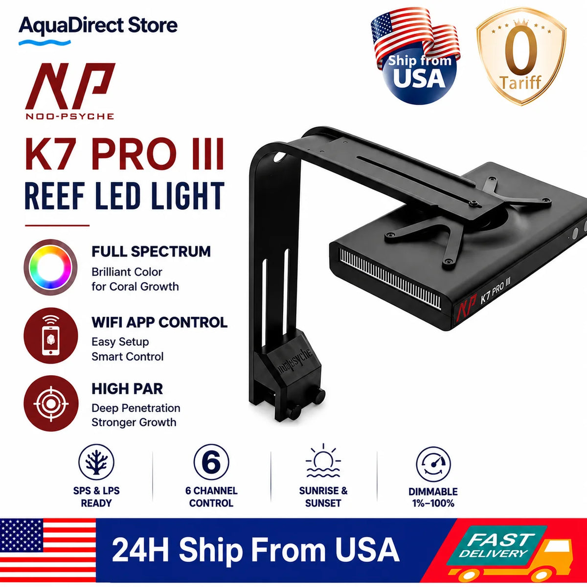 NooPsyche K7 Pro III V3 140W Full Spectrum Reef LED Light WiFi APP Control High PAR Dimmable Programmable Sunrise Sunset Coral Light for SPS LPS Reef Tank Saltwater Marine Aquarium