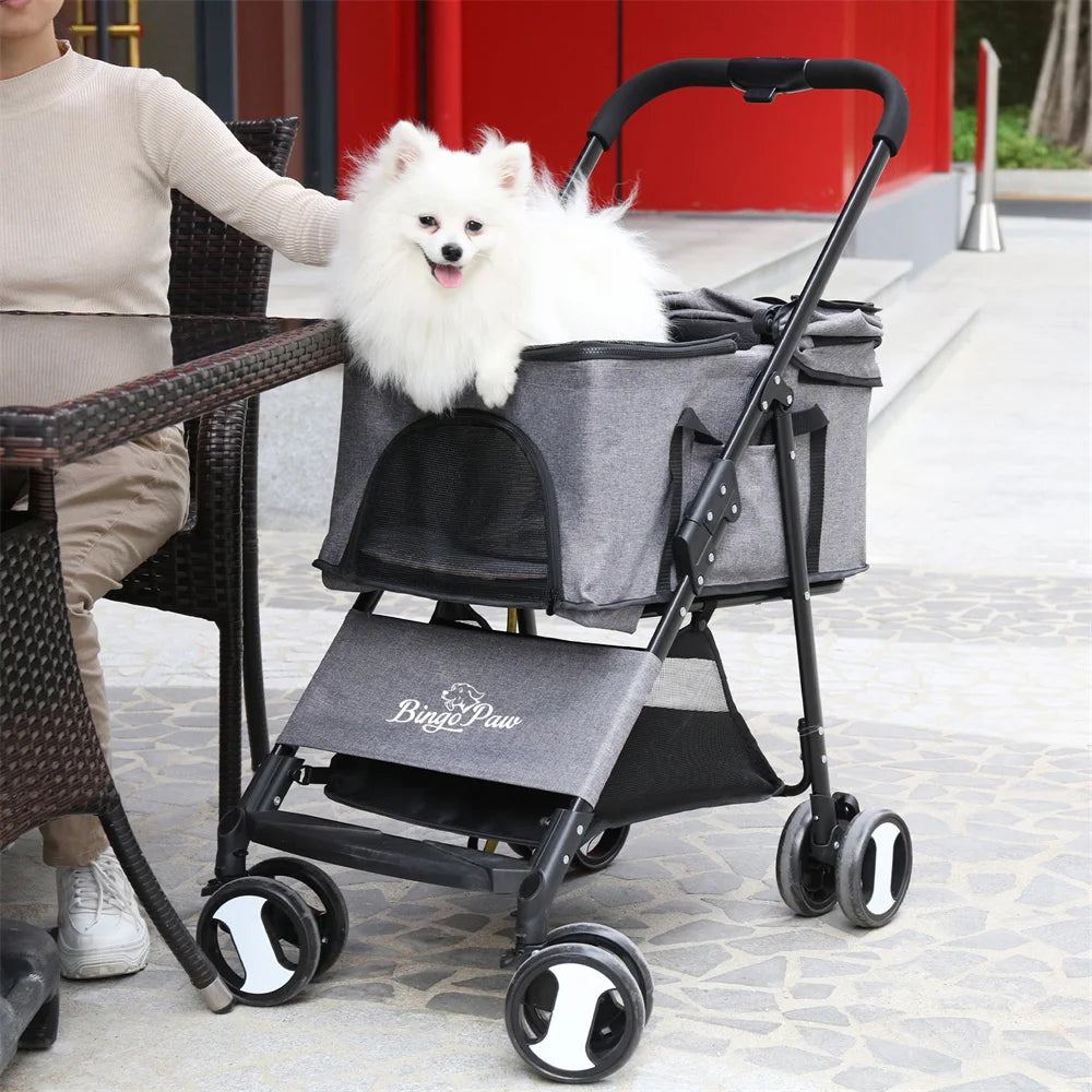 Foldable Four Wheel Pet Stroller With Rain Cover And Storage Basket